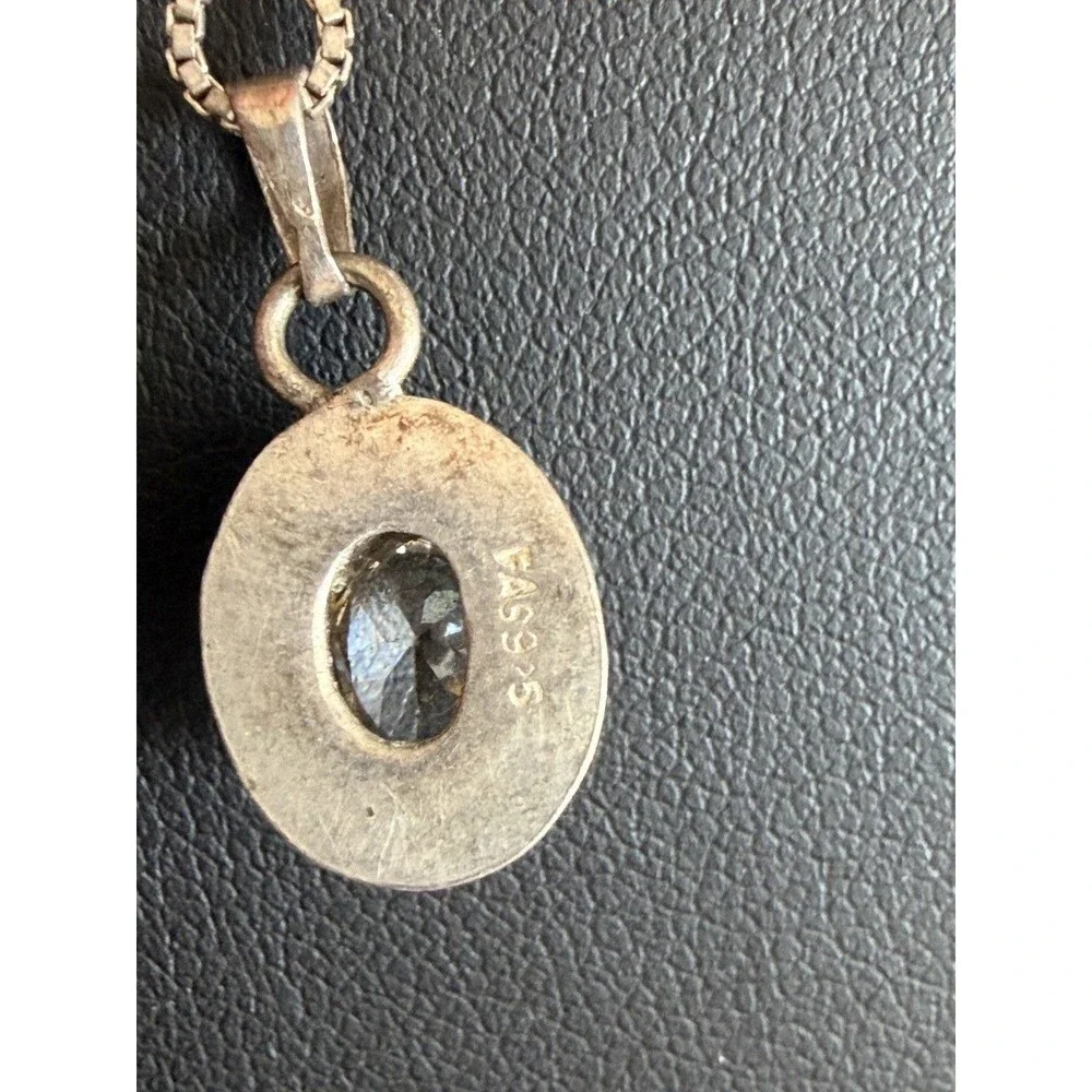 925 Sterling Silver Oval Clear Gemstone Pendant Necklace Vintage boho native